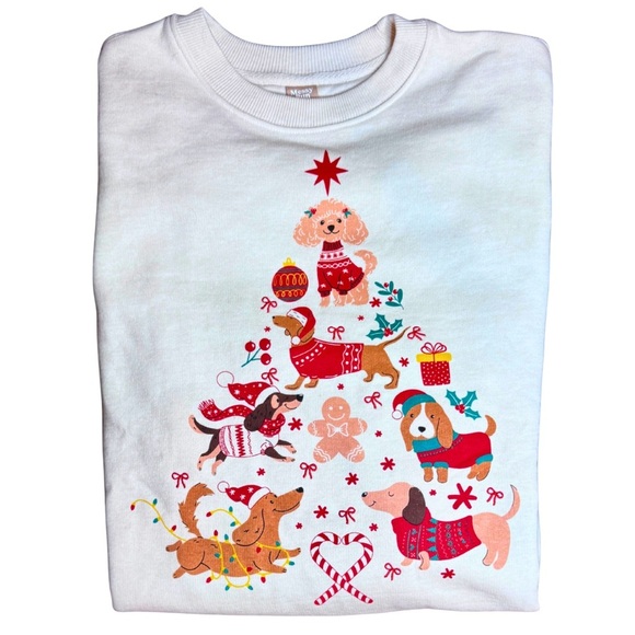 Messy Bun Just Chillin Tops - Dog Christmas Tree Sweatshirt • Holiday Puppies Graphic Cozy Crewneck